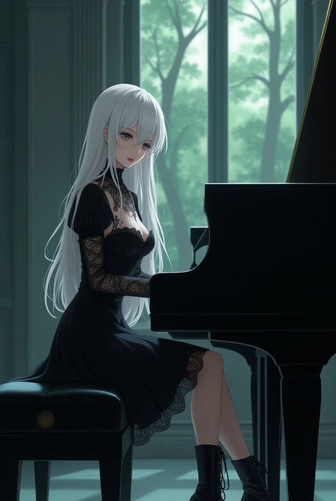 Create a detailed anime-style image of a mysterious and serious young woman with long, wavy white hair. She has striking gray eyes, full lips, and a medium build, with a delicate yet gothic beauty. She is wearing a black, knee-length, puffed-sleeve dress a...