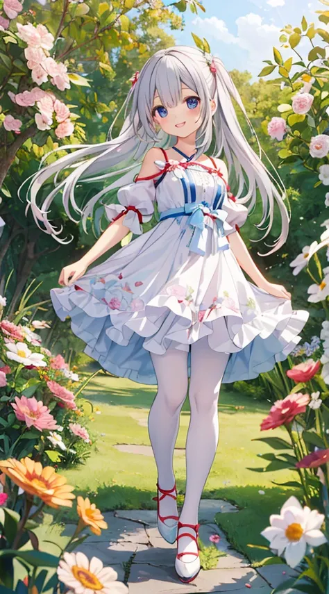 (masterpiece、top-quality、 super high quality 、High quality images、  very delicate sentence ) a silver-haired twin-tailed girl standing in a beautiful garden、smile、 she has a big bouquet of flowers 、Cute ethnic dress， there are ruffles on her shoulders 、 Ha...