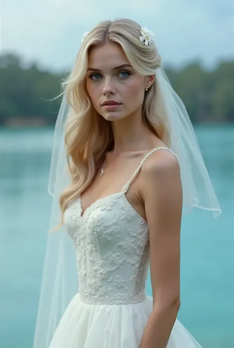 1 Belle Fille, (réaliste:1.3) (ntier:1.3),  photo debout peu attrayante , se tenir devant un lac bleu, robe de mariée blanche, robe douce, cheveux blonds, yeux bleus, cheveux ondulés, chef-dœuvre,  éclairage doux diffus , portrait, meilleure qualité (perfe...