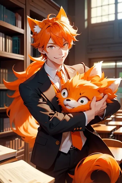 Perfect face. Perfect hands. An orange haired man with orange eyes with orange fox ears and an orange fox tail in a nice suit is smiling while helping students out in the library