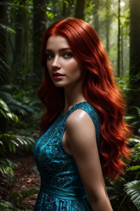 a beautiful young woman with vibrant red hair, detailed facial features, long eyelashes, full lips, detailed eyes, fair skin, wearing a blue sleeveless dress, standing in a lush forest with sunlight filtering through the trees, detailed foliage and flowers...