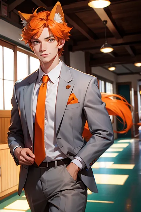 Perfect face. Perfect hands. An orange haired man with orange eyes with orange fox ears and an orange fox tail in a nice suit is smiling while walking through the indoor school halls with books in his arms