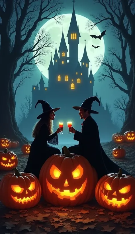 （masterpiece、high quality、High image quality、4K、8k、 Details）、 Halloween with emphasized light and shadow 、 jack-o-lanterns lined up 、 A beautiful witch and a beautiful man Dracula sit on a jack-o-lantern、 having fun by toasting 、 suspiciously glowing castl...