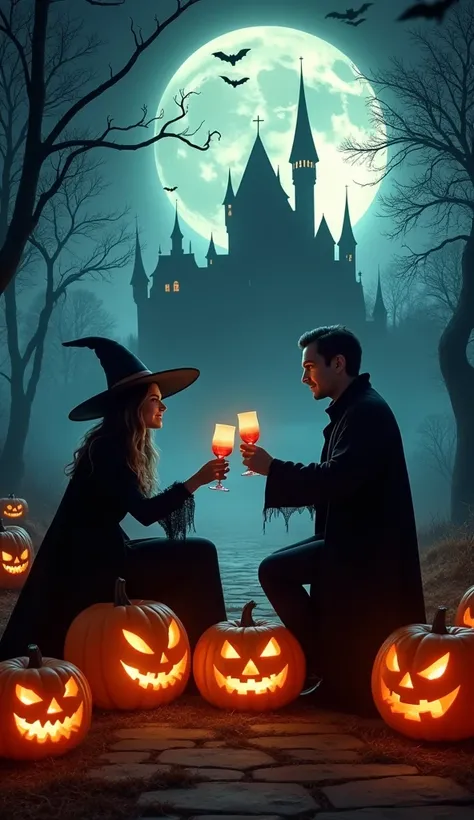 （masterpiece、high quality、High image quality、4K、8k、 Details）、 Halloween with emphasized light and shadow 、 jack-o-lanterns lined up 、 A beautiful witch and a beautiful man Dracula sit on a jack-o-lantern、 having fun by toasting 、 suspiciously glowing castl...