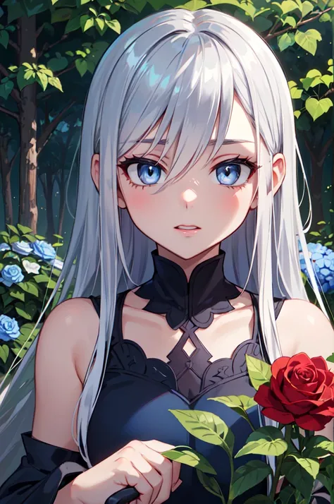 8k, Masterpiece Top quality, woman, (Elegant shape), ( Girl with Long Platinum Hair),  perfect face, Perfect hands,  Expressive eyes , sexy,  charming, (((Silver Eyes))), (((( Pretty Blue Tadres )))),  Red Lantern Flower , Wandering through the Forest ,  G...