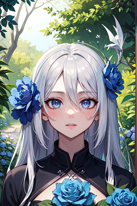 8k, Masterpiece Top quality, woman, (Elegant shape), ( Girl with Long Platinum Hair),  perfect face, Perfect hands,  Expressive eyes , sexy,  charming, (((Silver Eyes))), (((( Pretty Blue Tadres )))),  Red Lantern Flower , Wandering through the Forest ,  G...