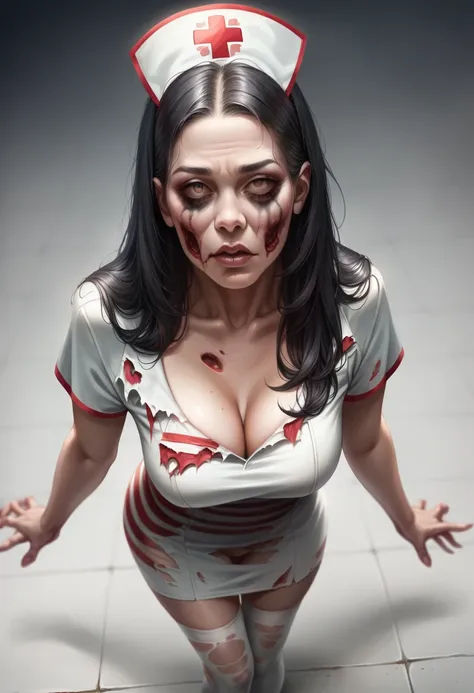 photorealistic, high resolution, a japanese zombie nurse woman named kimmi, solo, heavy makeup, hips up, (detailed face), black ...