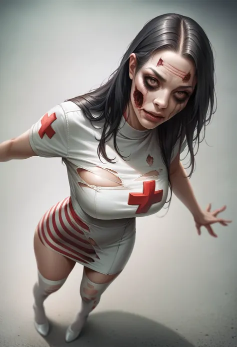 photorealistic, high resolution, a japanese zombie nurse woman named kimmi, solo, heavy makeup, hips up, (detailed face), black ...