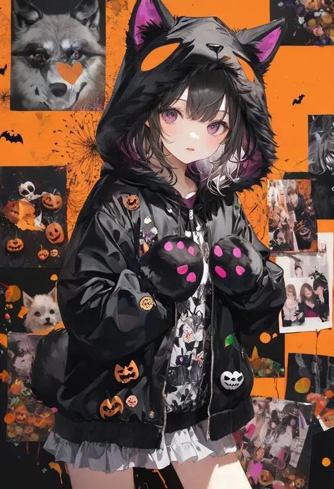 (masterpiece, best quality),(multiple exposure:1.2), print collage depicting,teen girl,she is surrounded by halloween symbols,wearing halloween werewolf costume,with paw gloves,splash color, collage art, contemporary artistic collage,