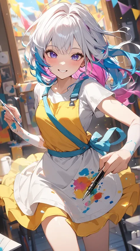 One Girl、Happy smile、 playful attitude 、Colorful Hair、 wearing an apron 、Holding a pen、 White Porcelain Skin 、Small breasts、Ink splash、  
break、  
 festive lighting 、( Bright Highlights :1.2)、 Fun Hues 、 dynamic movement 、 Vibrant Atmosphere 、 artistic joy...