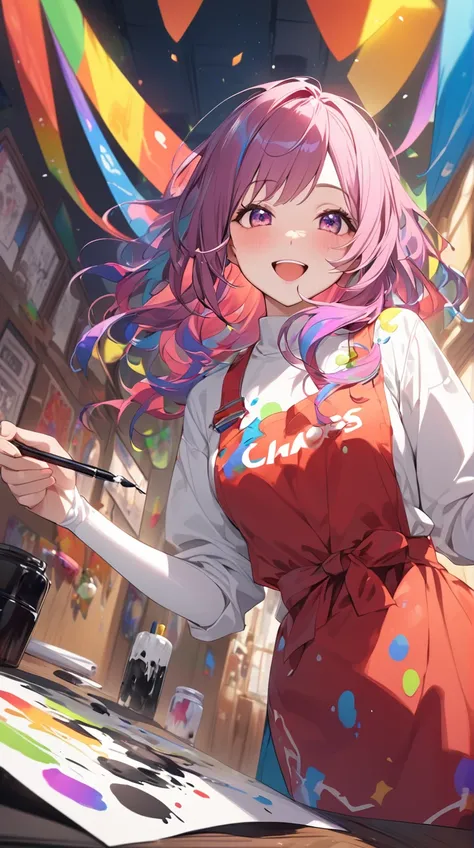 One Girl、Happy smile、 playful attitude 、Colorful Hair、 wearing an apron 、Holding a pen、 White Porcelain Skin 、Small breasts、Ink splash、  
break、  
 festive lighting 、( Bright Highlights :1.2)、 Fun Hues 、 dynamic movement 、 Vibrant Atmosphere 、 artistic joy...