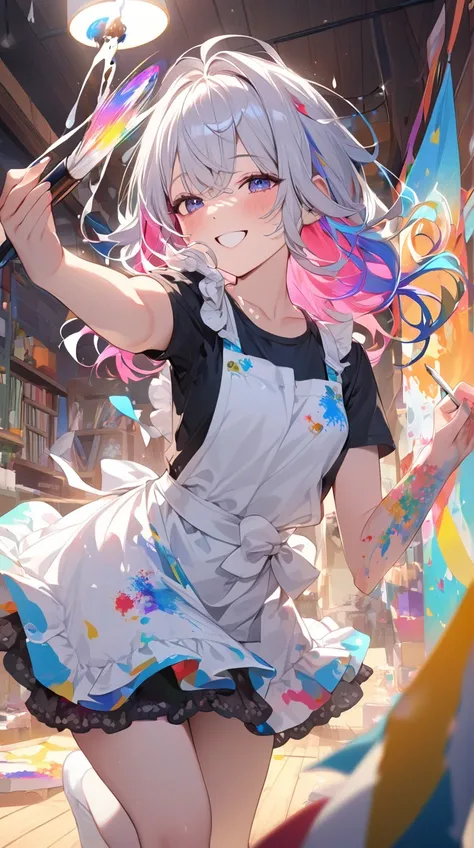 One Girl、Happy smile、 playful attitude 、Colorful Hair、 wearing an apron 、Holding a pen、 White Porcelain Skin 、Small breasts、Ink splash、  
break、  
 festive lighting 、( Bright Highlights :1.2)、 Fun Hues 、 dynamic movement 、 Vibrant Atmosphere 、 artistic joy...