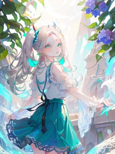 The Arrival of Spring、Thick Ass、 (Alone:1.5,)Super detailed,Vibrant colors,  very beautiful and detailed anime face and eyes, Look straight ahead, ;d, Shiny_skin,girl, ((Silver long hair,The inner color is red 、amount(Forehead)is appearing.、green eyes、、Shi...