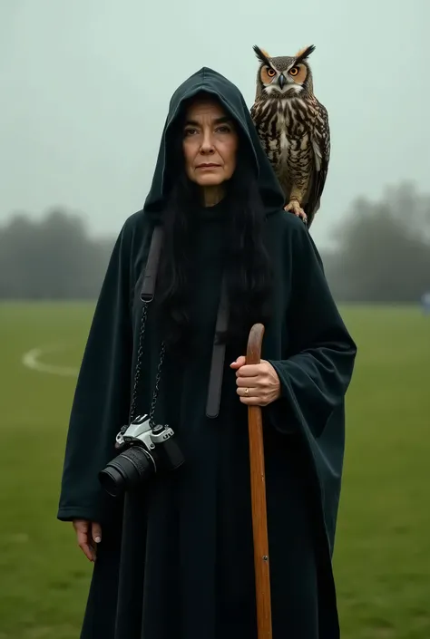  Old woman in the middle of a soccer field with a hood and a wooden cane, On her shoulder an owl  , black and curly clothes , long straight black hair,  hangs on her neck a professional Nikon camera , foreground, look at the camera