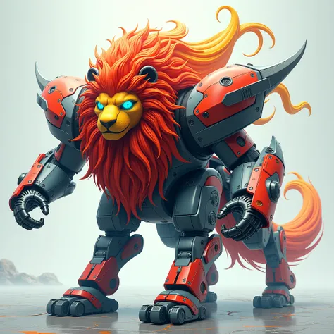  draw a fusion of the squeegee lion with the Megazord-style robot wolf in animal form,  colors of the robot lion part red and yellow, Colors of the robot wolf part gray and blue .