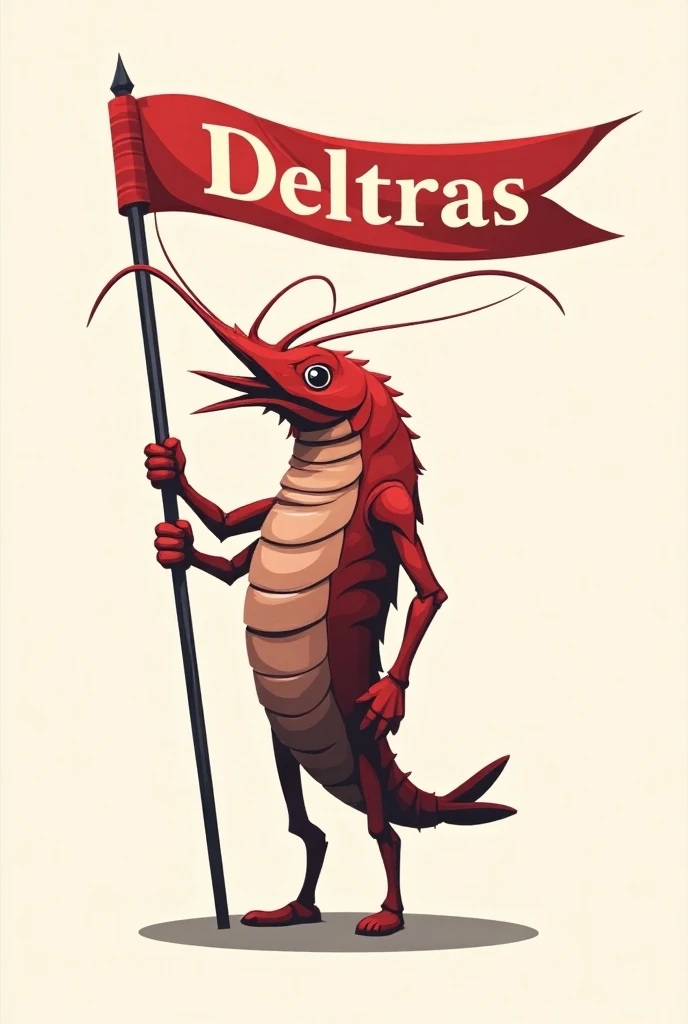 logo of a half-human, half-animal character with a shrimp head holding a flag in his hand with the name "DELTRAS" written on it, dominated by red, white and black