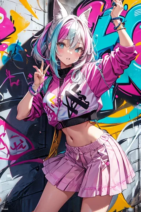 "original character,  teenage girl , Bright and stylish outfits,  dynamic pose,  Expressive eyes , Creative Hairstyles,  Urban Background , Colorful graffiti art"、( dynamic angle:1.2)、Stylish accessories、