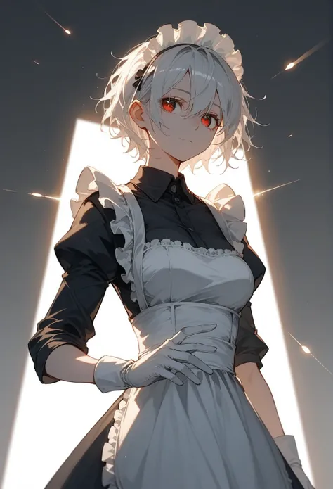 Anime-style character with short permed hair, score_9, score_8_up, score_7_up, score_6_up, neolight, backlighting, light rays, 1girl, adult woman, beautiful, best perfect anatomy, A pale anime mature woman, maid (black French maid, white glove), 1 woman, l...