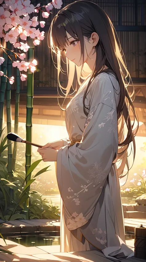 One Girl、 gentle expression、 Flowing Hair 、Traditional clothing、 Graceful Posture Holding a Brush 、 Delicate Movement 、 White Porcelain Skin 、Small breasts、 Ink Patterns 、  
break、  
 Golden Hour Light 、(Soft backlight:1.4)、 Gentle Contrast 、Mysterious glo...