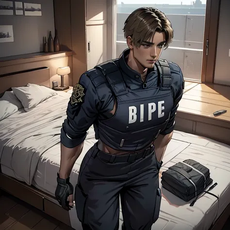 (  very detailed CG), (  best quality ), (  very detailed CG), (  best quality ), (. Kennedy), (Overall view) SWAT Clothing, Beautiful and attractive young man,  toned muscles