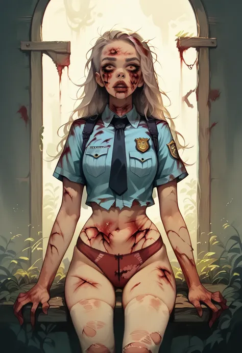 photorealistic, high resolution, a japanese zombie police woman named kimmi, solo, heavy makeup, hips up, (detailed face), black...