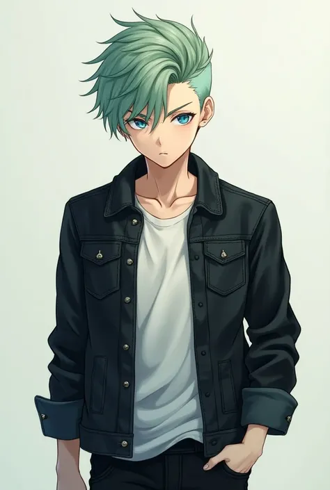 Handsome anime guy with light green short hair, whiskey shaved .  He is wearing a white shirt ,  on top of the shirt there is a black denim jacket ,  on his feet black jeans and black sneakers .  Facial features are expressive , predatory ,  blue eyes , cl...