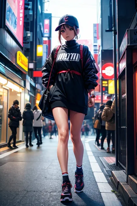 a lady walking in street of Tokyo wearing street wear outfit in cinematic lights
