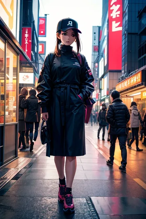 a lady walking in street of Tokyo wearing street wear outfit in cinematic lights
