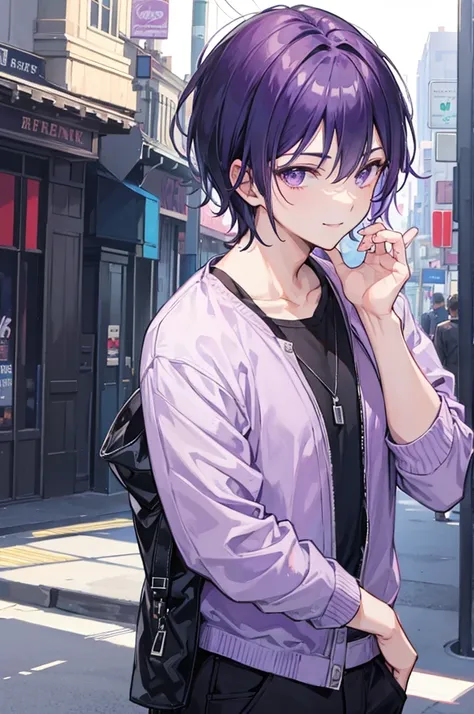 Young man, dark purple short hair, purple eyes, smile face, casual cool clothes, handsome man, cool boy, scenery background, close up