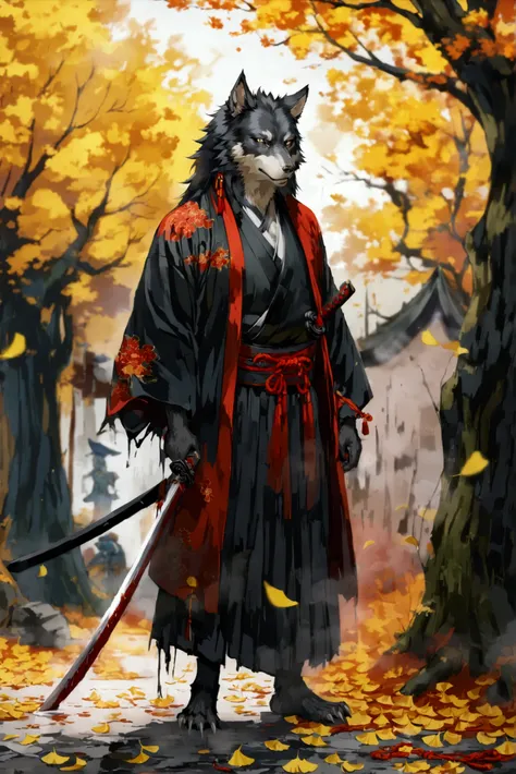 ((Japanese gang boss)), (((A dignified adult werewolf))), Murderous intent,kimono,kimonoの上にジャケット, Sword on the ground, Long sword, whole body,  Anime Characters, Excellent, Super Beauty,masterpiece,Murderous intent,Ginkgo tree pattern,Autumn leaves tree々Un...