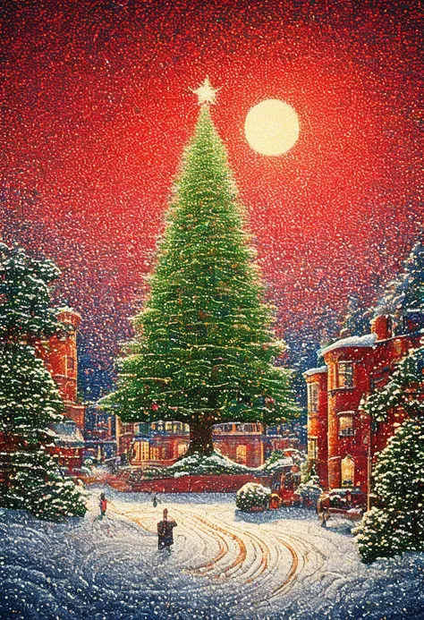 subject and motifs: a large christmas tree stands in the center of a street lined with red brick buildings. the branches and lea...