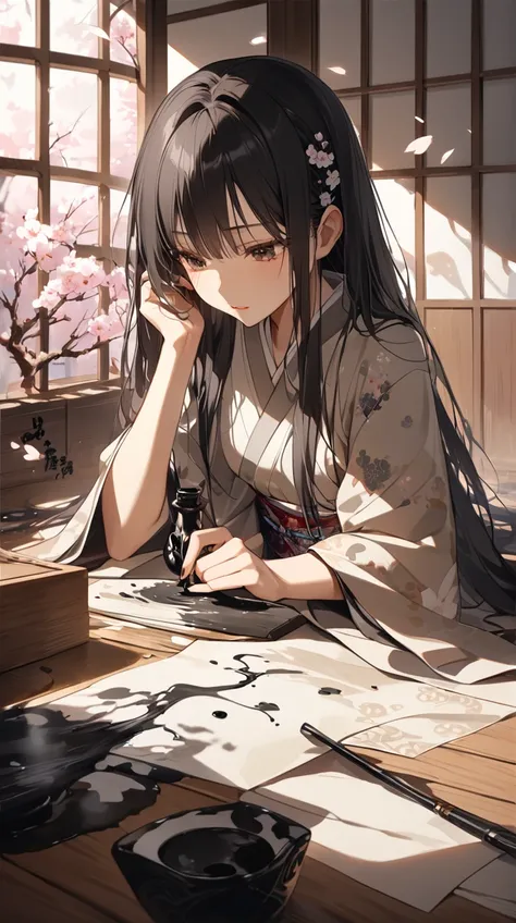 One Girl、Concentrated expression、 Graceful Posture、Long flowing hair、 traditional kimono in front of cherry blossoms 、 Delicate Brush in Hand、 White Porcelain Skin 、Small breasts、Ink splash、  
break、  
 soft natural light、( Dramatic Shadows :1.3)、Warm tone...