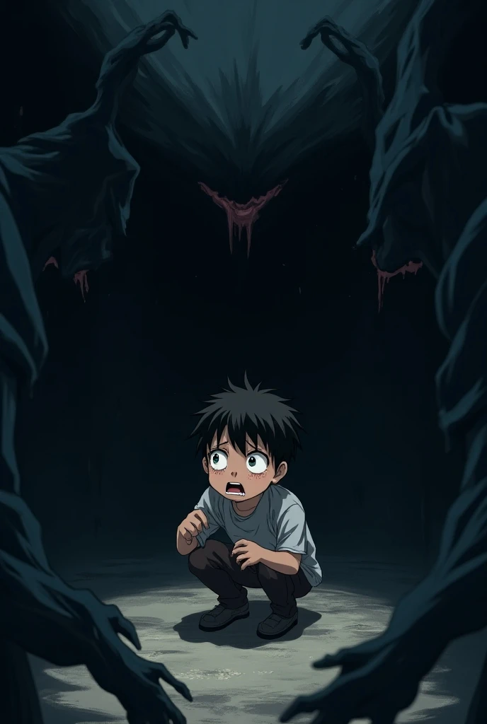  I have anime photo of the crying and desperately scared boy, sit in the dark corner and be scolded by the dark shadows of the scary 