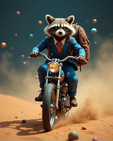 photorealism.  Gray A tall aggressive raccoon with amber eyes in a classic blue suit and tie in a sandstorm , Large backpack,  Doing acrobatic exercises on a classic bike , in the desert, at night, difficult zipper ,  lots of colorful balls ,  sandsplash ,...