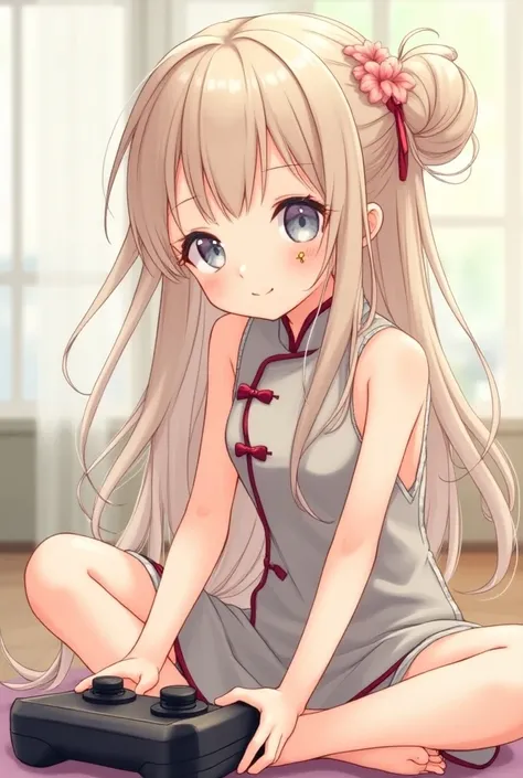  1 girl, solo, Long Hair, アッシュブロンドのLong Hair,smile,  hair flower, bangs, Bun Hair, Gray Eyes,Sparkling eyes, Food on face, Hair Clip, anime, anime風,  Illustration , Cheongsam,(8k, RAW photo, best quality, masterpiece:1.2),Playing video games, is crossing l...