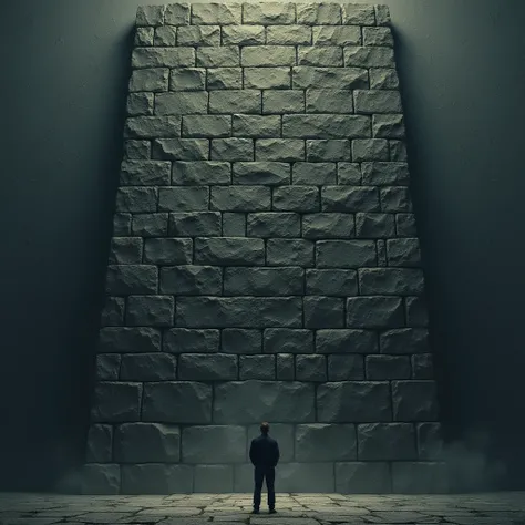 “A massive stone wall towering over a small human figure, symbolizing France. The wall is textured and imposing, representing an overwhelming financial burden or debt. The scene is dark and moody, with shadowy tones, giving a sense of economic crisis. The ...