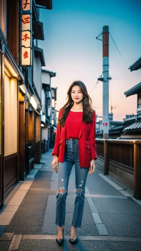 High image quality、 Japanese women、Beauty、cute、（ brown long hair :1.5）、Small face、Beautiful skin、evening、sunset、Kyoto cityscape、 reality stick、（Red jacket:1.5）、Jeans、 suitable for combat、Sexy look、 sexy pose