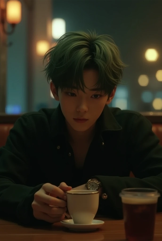 Create an image of a male K-pop idol with brown skin ,  brown eyes, white hair with green locks ,  at a restaurant at night looking at the cup in your hand with a sad face 