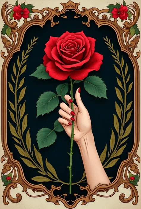 Create a logo with one hand holding a rose on a coat of arms 