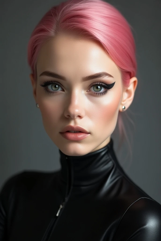 Portrait, pink hair, narrow face, grey eyes, girl, slim figure, almond-shaped eyes, button nose, full lips, European appearance, ultra highly intricate detailed, black eyeliner, leather bodysuit visible at the shoulders, looking directly at the camera, fac...