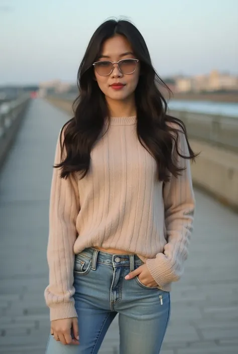  (((Wearing sunglasses.))),Looking at the camera., Full length photo seen from afar , woman taking a photo wearing a sweater and jeans,  Sophie Mudd Portrait, beautiful  asian girl ,  Japanese Model ,  a beautiful asian woman , Wear a sweater, Beautiful Ch...