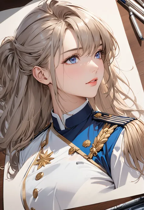  young beautiful woman,(Best Quality,Very detailed depiction, Incredible High Resolution , Anatomically Accurate Depiction ,High quality anime drawings),(Female admiral),(Blue and white military uniform,Admiral&#39;s Uniform, wearing sunglasses on her head),(Purple Eyes,Eyes half closed:1.2,Cute charm , happy smile :1.2, it's opening its mouth, Pottery Skin ,),(Full body image:1.3),Purple light,Navy Headquarters 