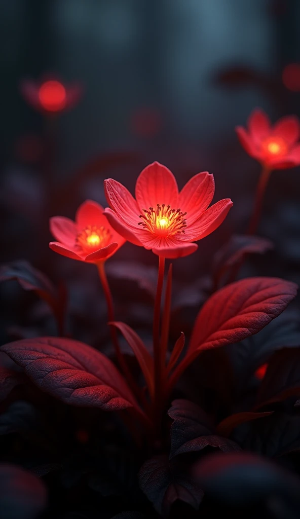 Red glowing  small flowers in dark background with red leaf and yellowish glow in centre of flower