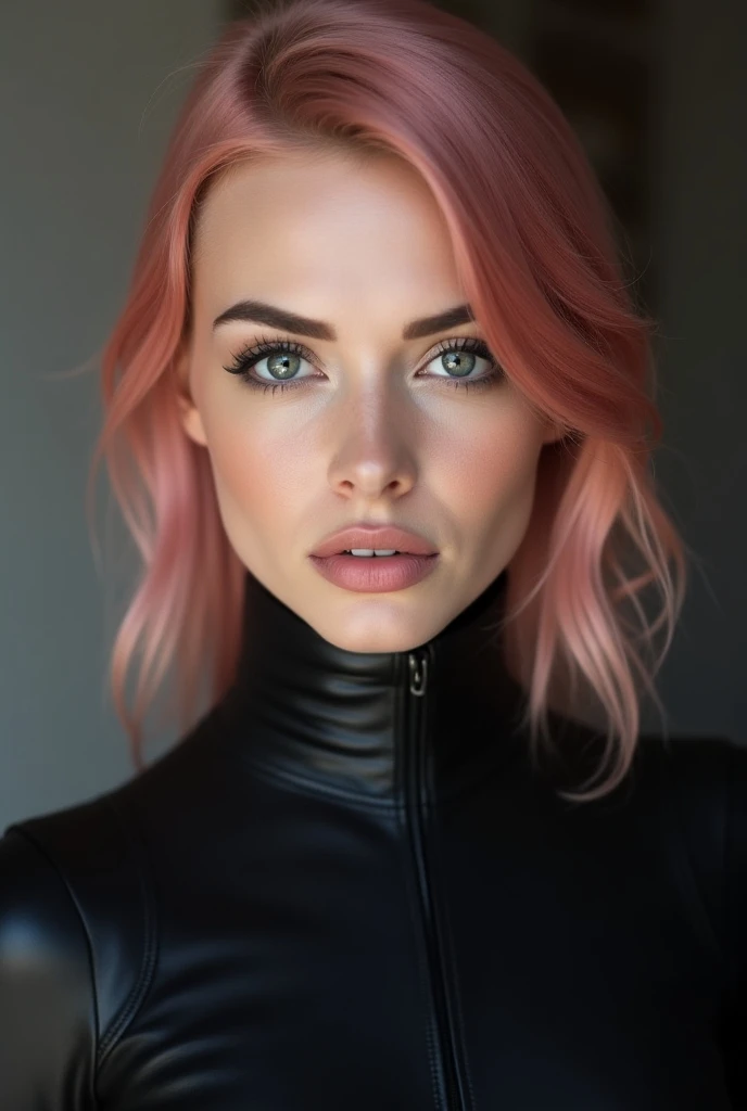 Portrait, pink hair, narrow face, grey eyes, girl, slim figure, almond-shaped eyes, button nose, full lips, European appearance, ultra highly intricate detailed, black eyeliner, leather bodysuit visible at the shoulders, looking directly at the camera, fac...