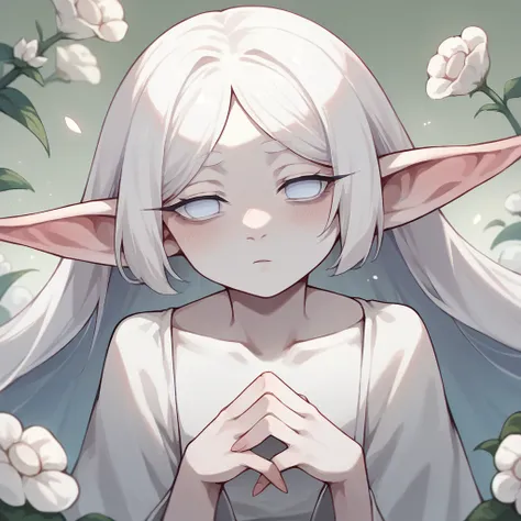 1girl, Solo, Looking At Viewer, Absurdly Long Hair, White Hair, Long Pointy Ears, Pale Skin, Albino, Pink redish Eyes, No Pupils, Blush, Fairy, Fae, White Flowers On Skin, 