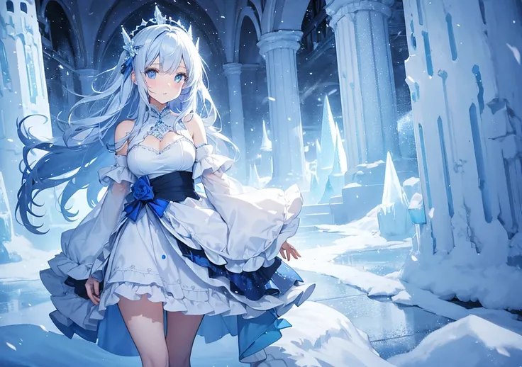 A blue-eyed girl in a fluffy dress in an ice castle, walking gracefully through a flurry of falling snow