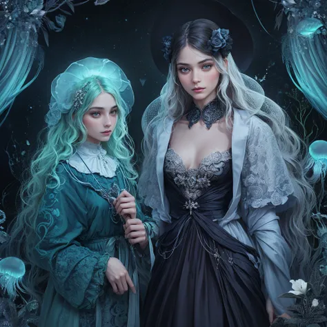 fashion portrait of two women, bioluminescent clothing, Haeckel Inspired, Umbrella Jellyfish