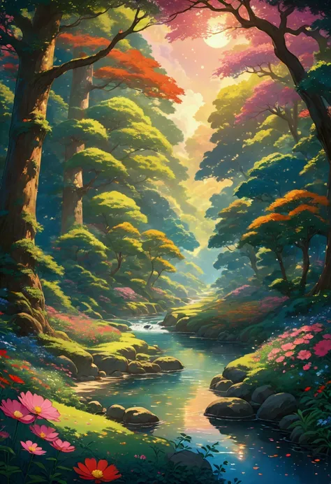 Viral anime nature wallpaper in 4K quality, in the style of digital illustration inspired by Hayao Miyazaki, featuring a serene forest with towering ancient trees, dappled sunlight filtering through the leaves, a gentle stream flowing through the scene, an...