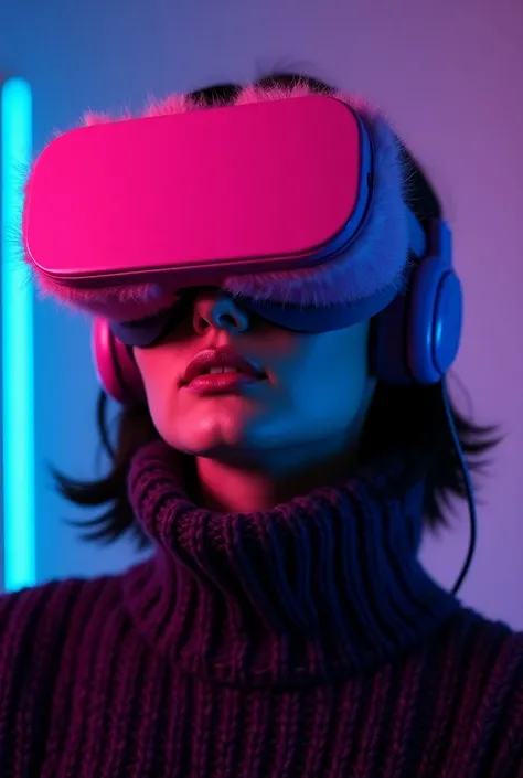 professional photography, portrait of woman wearing fluffy pink vr goggles, knitted black and purple sweater, white neon text "NEIRO LEPTIK", soft light, accessories, minimalist studio backdrop, dramatic shadows, high contrast, close-up shot, moody atmosph...