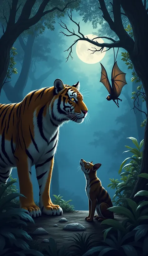 "Illustrate a scene where a tiger and a bat coexist in a dense jungle at night. The tiger stands on the forest floor, its piercing eyes scanning the surroundings, while the bat hangs upside down from a nearby branch, its wings folded. The jungle is filled ...